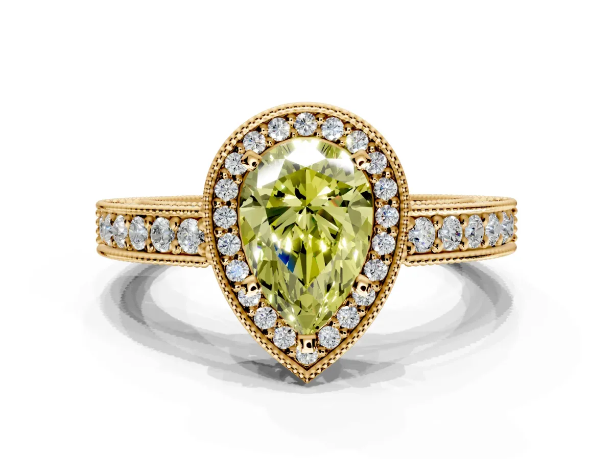 Milgrain Halo Engagement Ring Setting for Fancy Yellow Pear-Shaped Center with Wide Pave Band and Prong Head in Yellow Gold