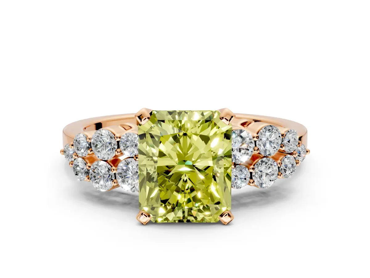Cluster Engagement Ring Setting for Fancy Yellow Radiant Cut Center with 2-Row Shoulder Clusters and Prong Head in Rose Gold