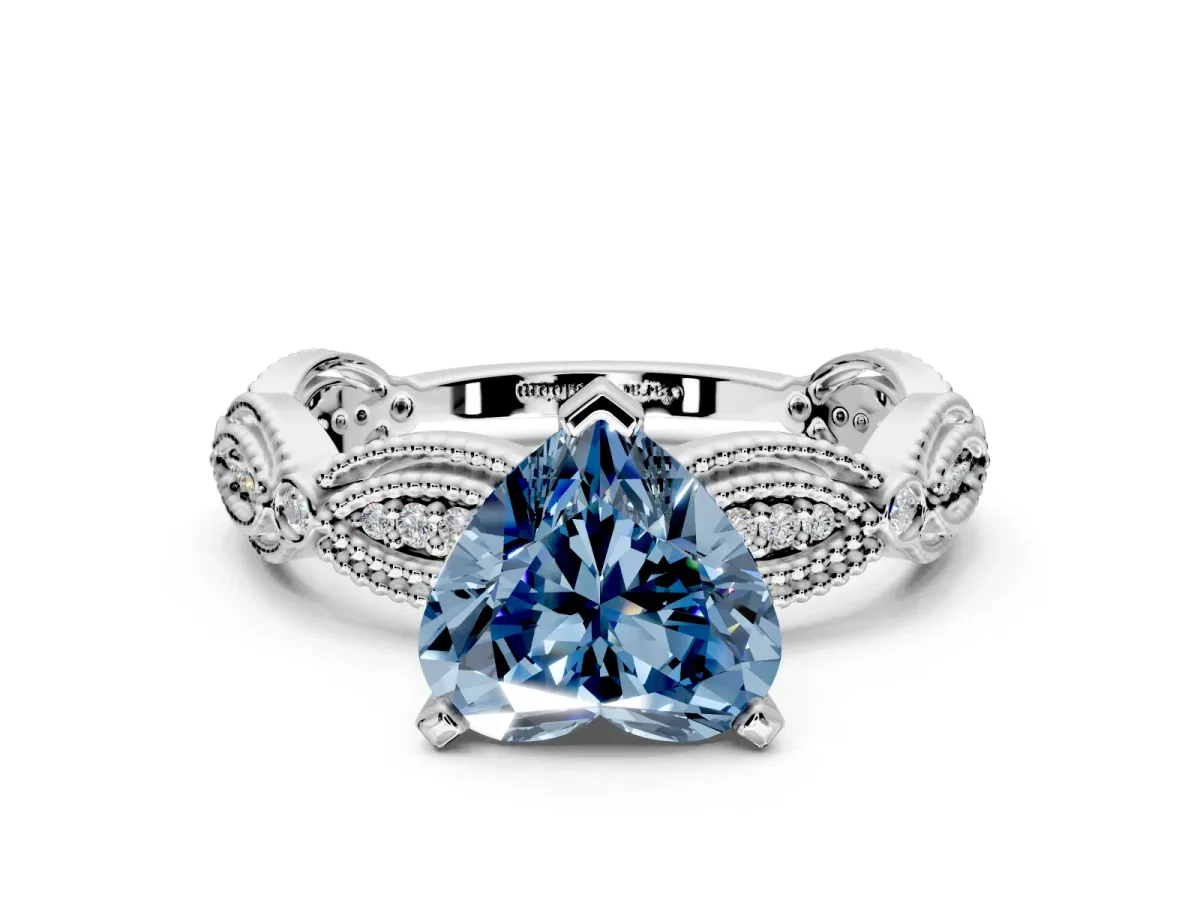 Solitaire Engagement Ring Setting for Fancy Blue Heart-Shaped Center with Marquise Panel Band and Prong Head in Platinum