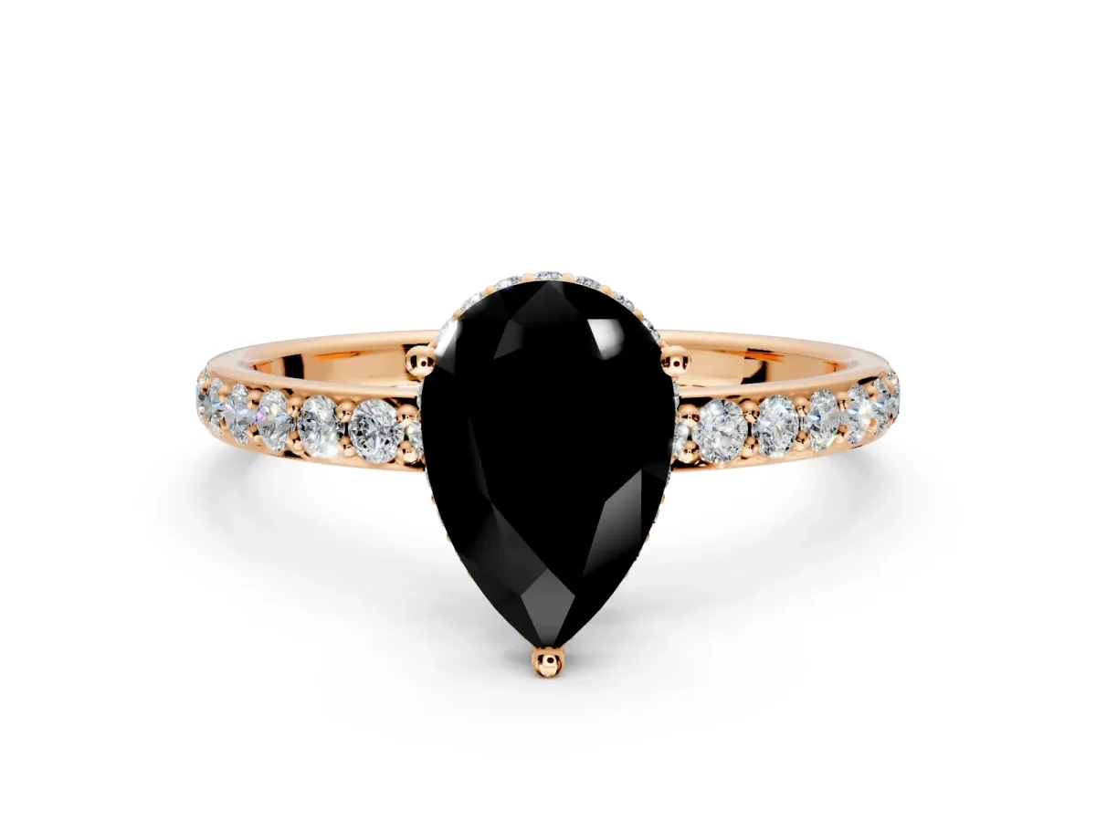 Hidden Halo Engagement Ring Setting for Fancy Black Pear-Shaped Center with Pave Band and Prong Head in Rose Gold