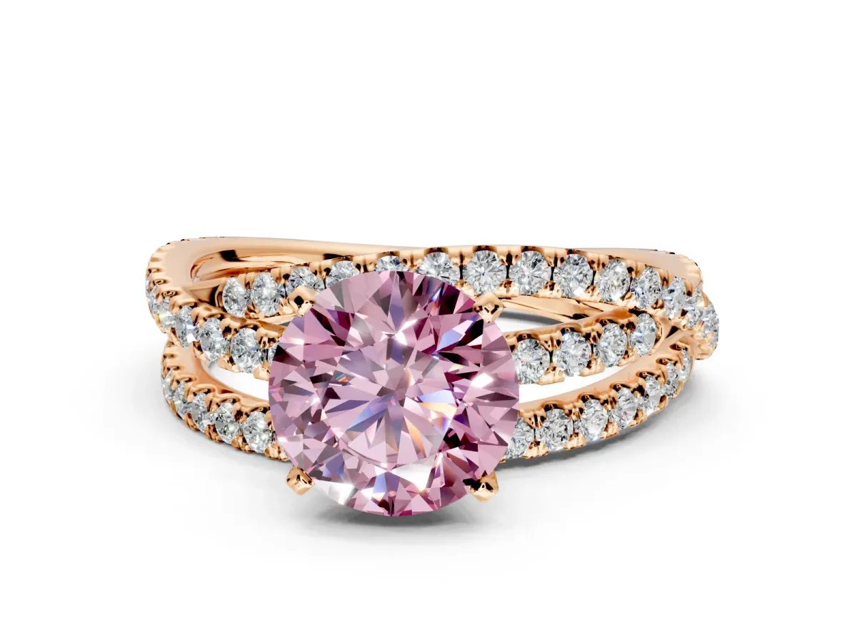 Solitaire Engagement Ring Setting for Fancy Pink Round Cut Center with Woven 3-Strand Pave Band and Prong Head in Rose Gold