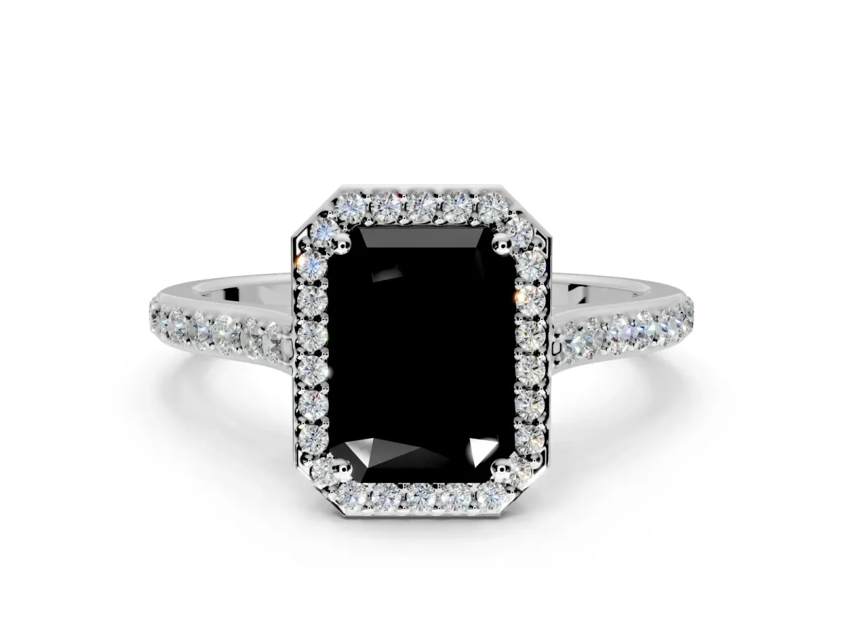 Halo Engagement Ring Setting for Fancy Black Radiant Cut Center with Pave Accents, Heart Basket and Prong Head in Sterling Silver