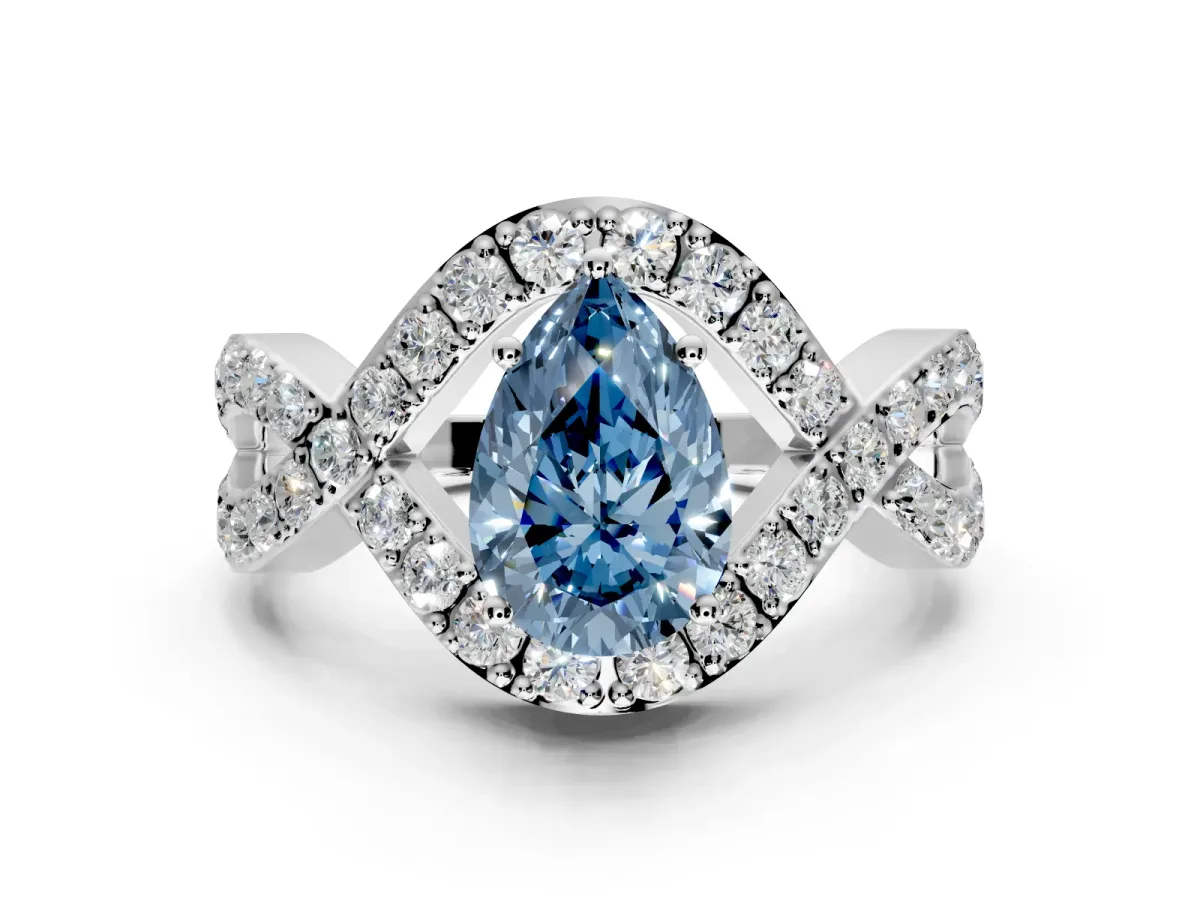 Halo Engagement Ring Setting for Fancy Blue Pear-Shaped Center with Pave Infinity Twist Band and Prong Head in White Gold