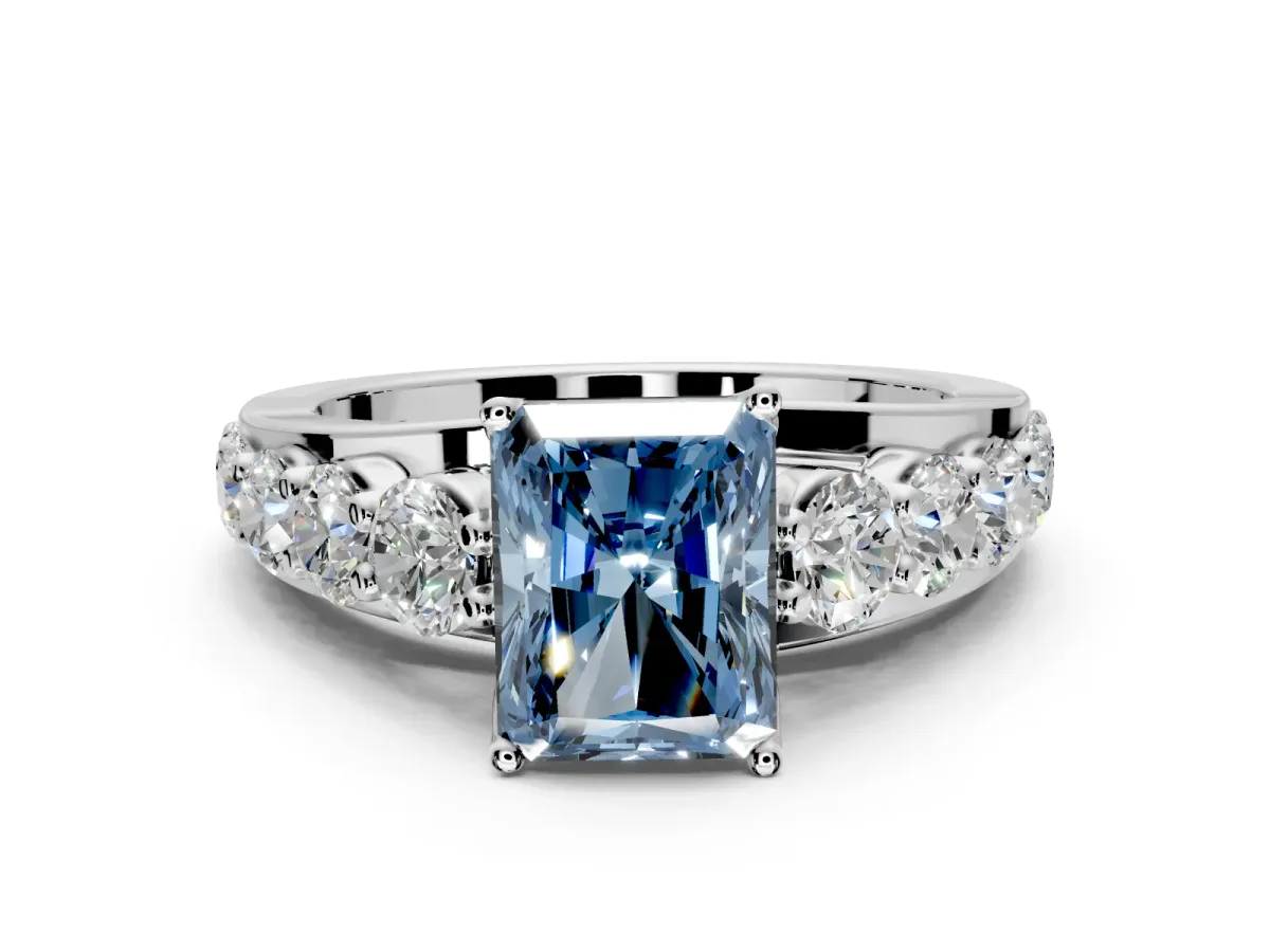 Solitaire Engagement Ring Setting for Fancy Blue Radiant Cut Center with Graduated Shared Prongs and Prong Head in White Gold