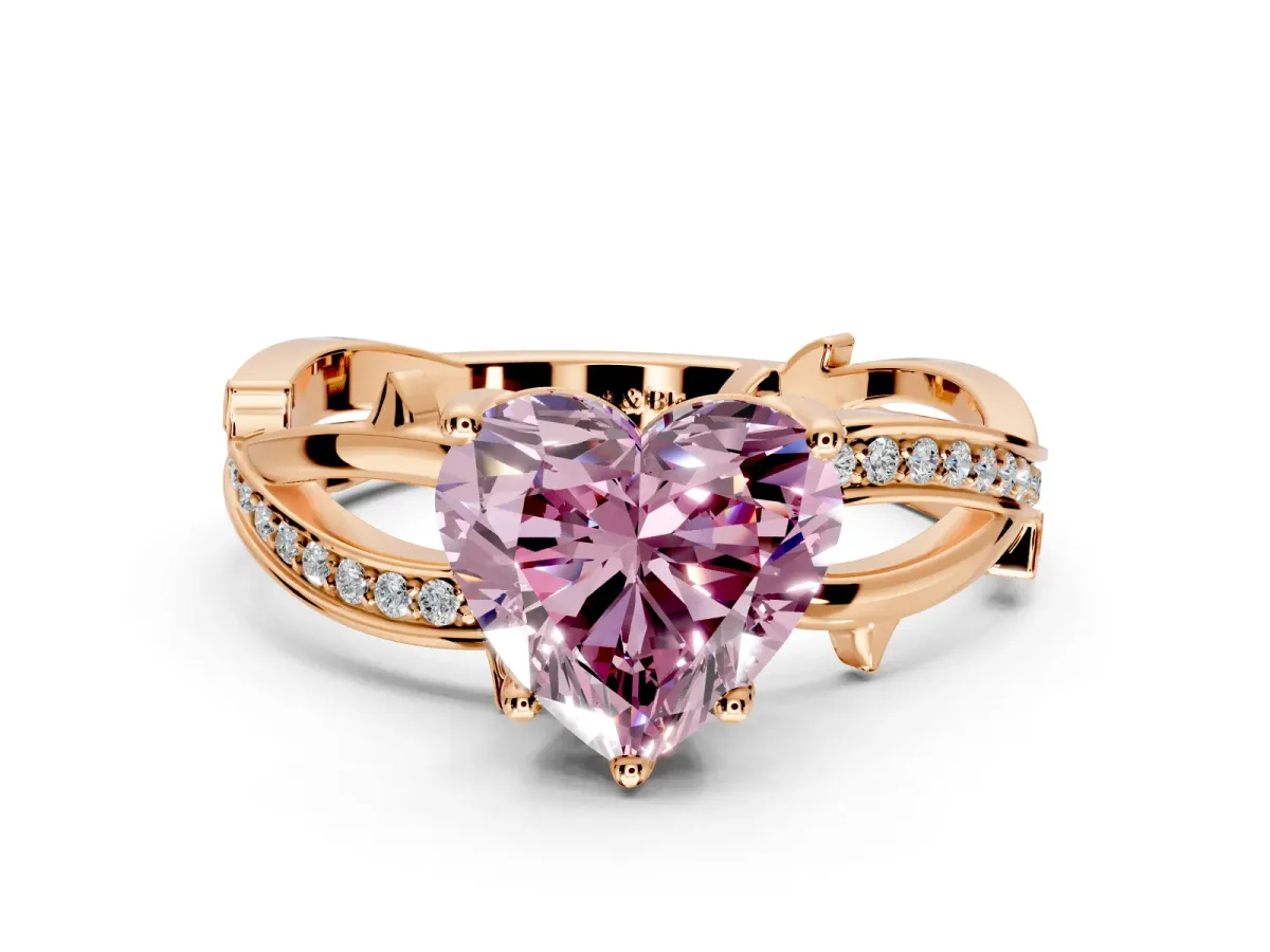 Solitaire Engagement Ring Setting for Fancy Pink Heart-Shaped Center with Pave and Plain Crossover Band and Prong Head in Rose Gold