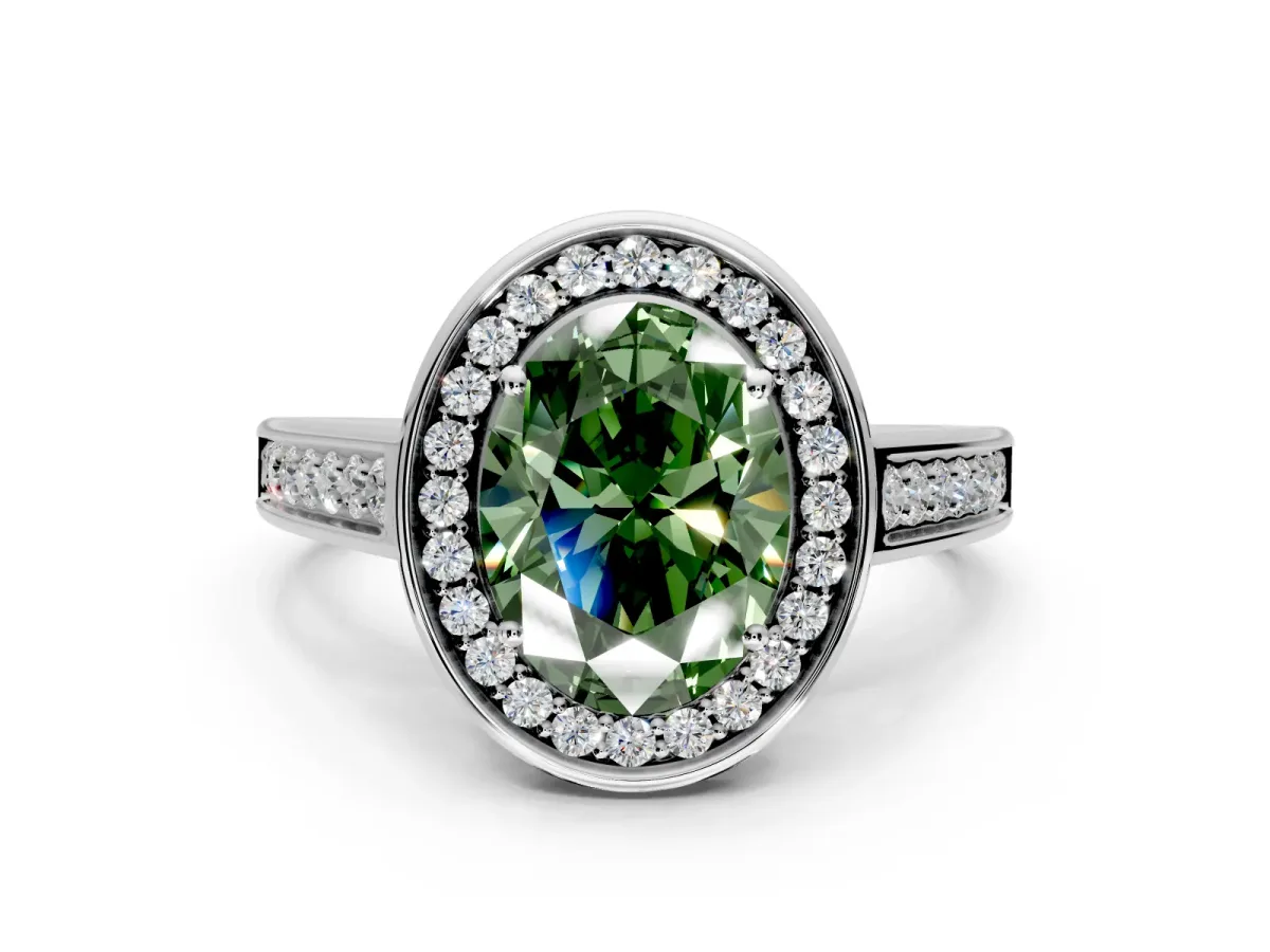 Halo Engagement Ring Setting for Fancy Green Oval Center with Outer Bezel Rim, Pave Band and Prong Head in Sterling Silver