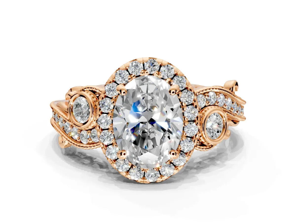 Milgrain Halo Engagement Ring Setting for Oval Center with Shoulder Bezels and Prong Head in Rose Gold