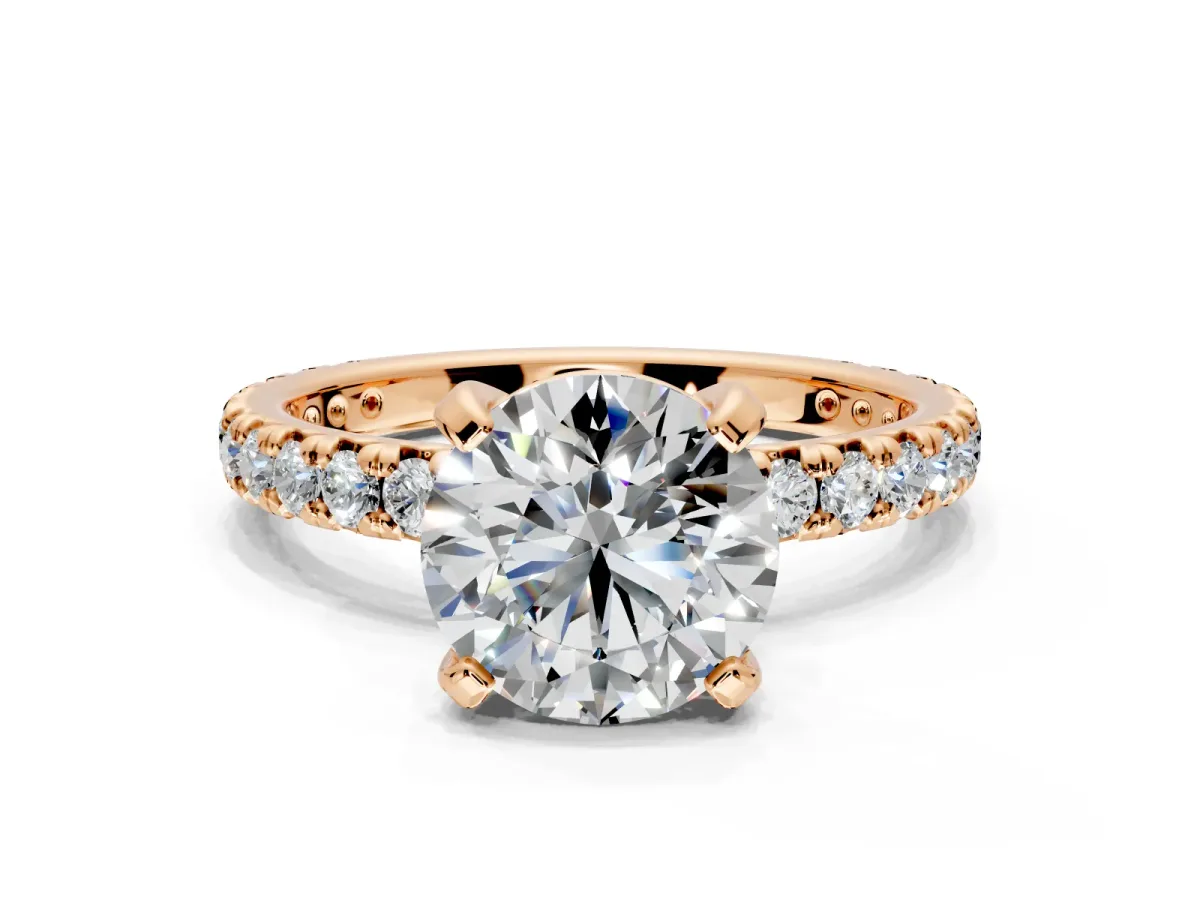 Solitaire Engagement Ring Setting for Round Cut Center with Shared-Prong Accents and Prong Head in Rose Gold