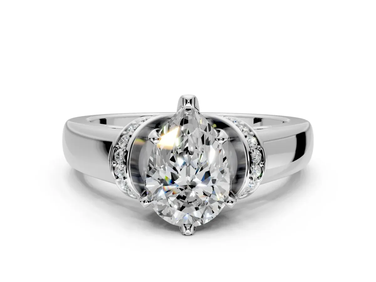 Solitaire Engagement Ring Setting for Pear-Shaped Center with Wide Band, Pave Collar and Prong Head in White Gold