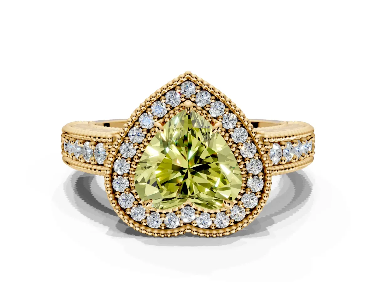 Milgrain Halo Engagement Ring Setting for Fancy Yellow Heart-Shaped Center with Pave Band and Prong Head in Yellow Gold