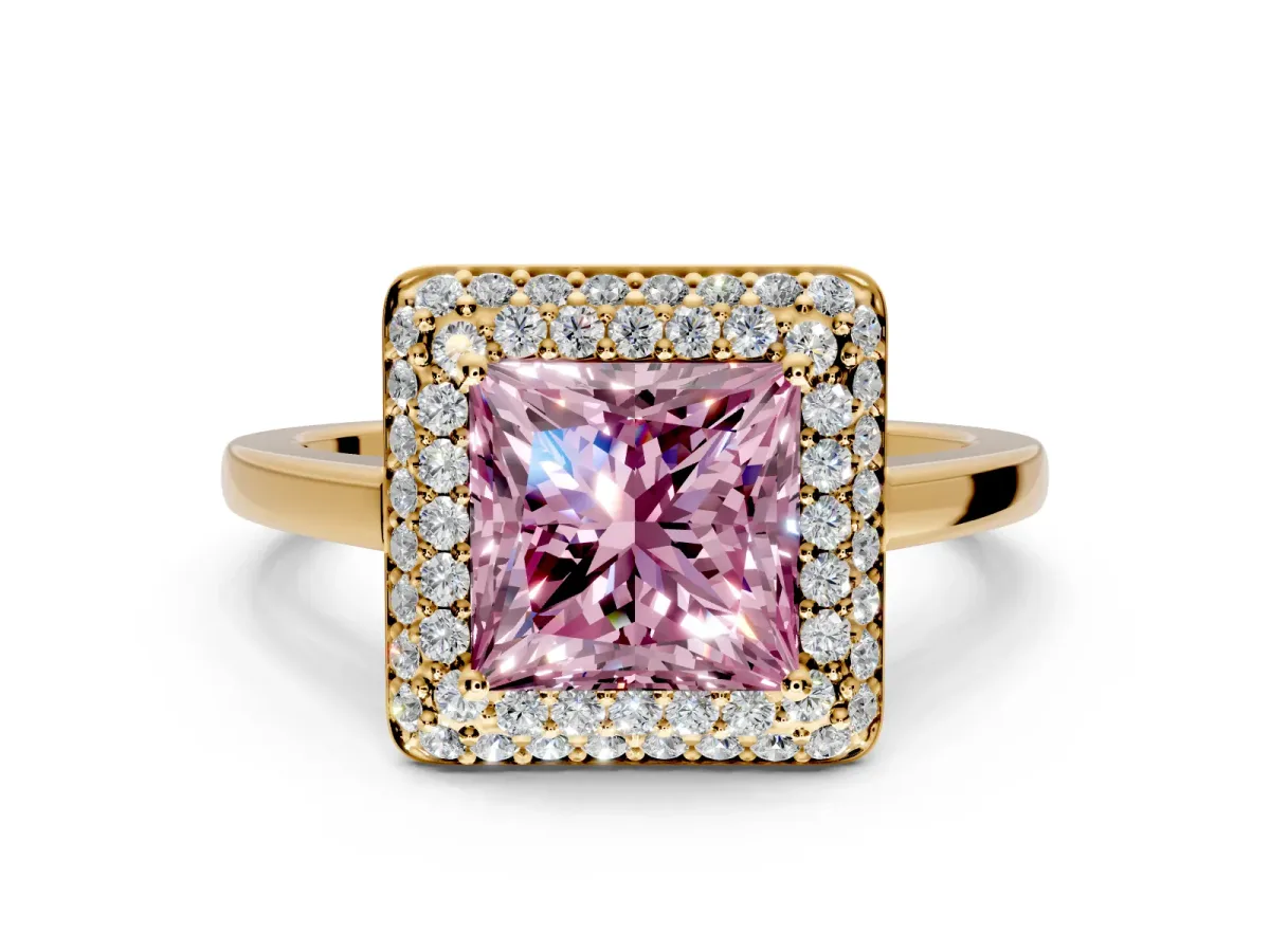 Halo Engagement Ring Setting for Fancy Pink Princess Cut Center with Plain Tapered Band and Prong Head in Yellow Gold
