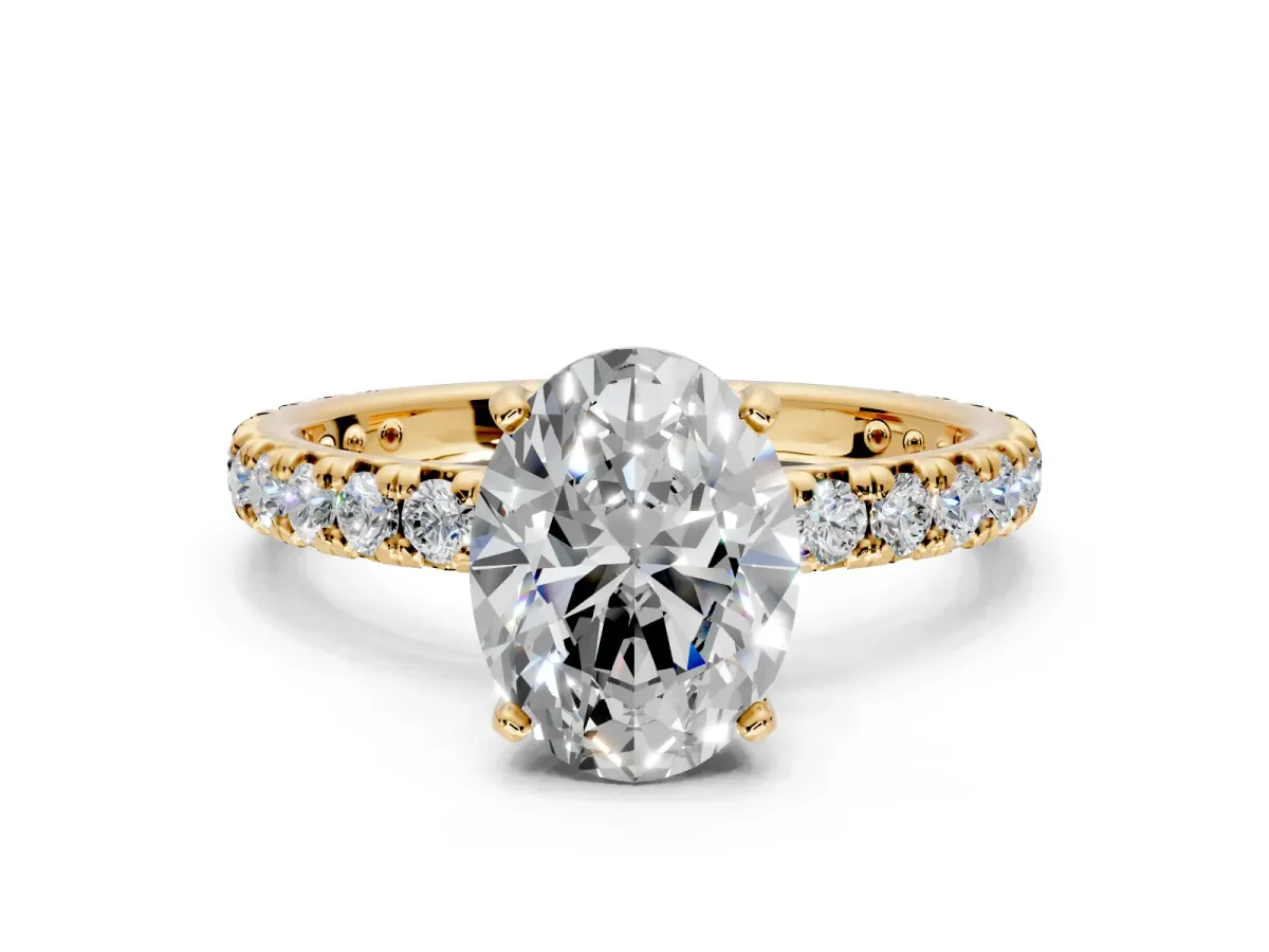 Solitaire Engagement Ring Setting for Oval Center with Shared-Prong Accents and Prong Head in Yellow Gold