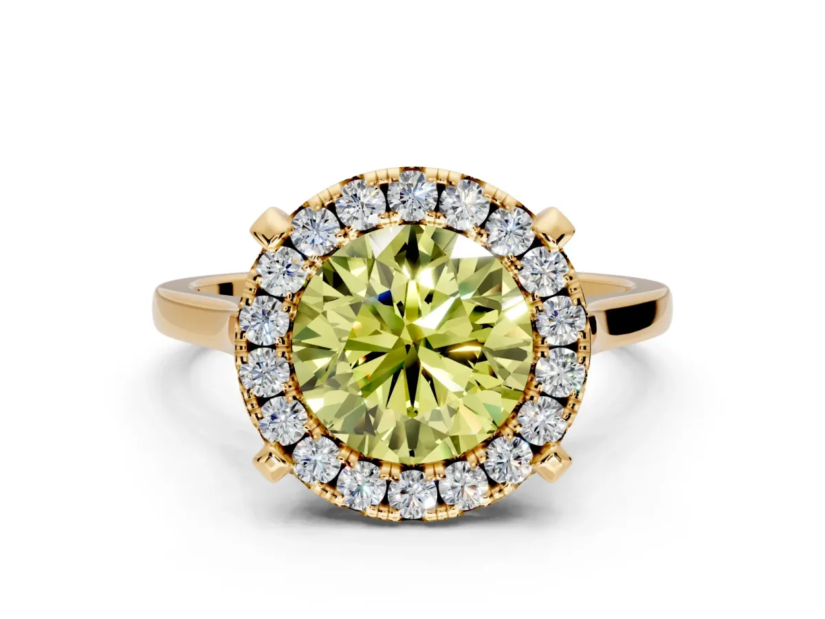 Single Halo Engagement Ring Setting for Fancy Yellow Round Cut Center with Corner Claws, Plain Band and Prong Head in Yellow Gold