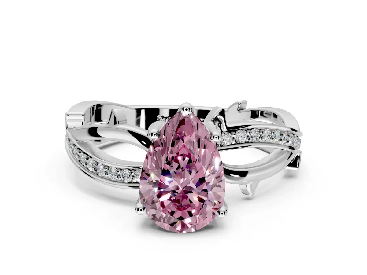 Solitaire Engagement Ring Setting for Fancy Pink Pear-Shaped Center with Pave and Plain Crossover Band and Prong Head in Sterling Silver