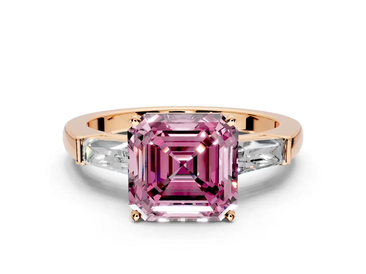3 Stone Engagement Ring Setting for Fancy Pink Asscher Cut Center with Tapered Baguettes, Plain Band and Prong Head in Rose Gold