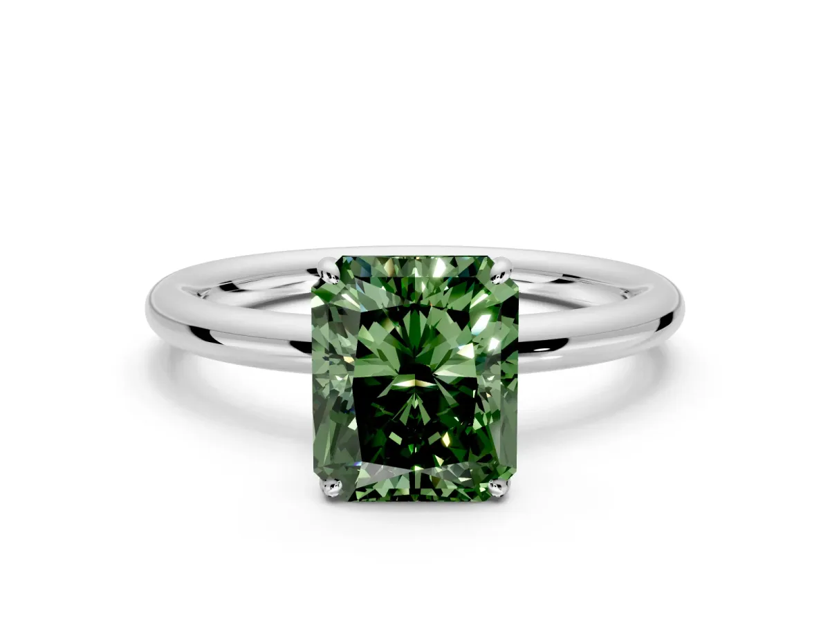 Low-Set Solitaire Engagement Ring Setting for Fancy Green Radiant Cut Center with Thin Plain Band and Prong Head in White Gold