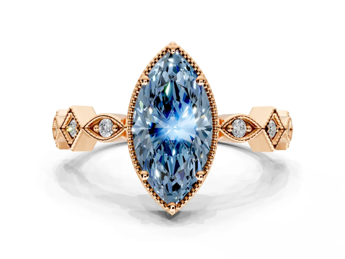 Milgrain Bezel Engagement Ring Setting for Fancy Blue Marquise Center with Marquise Stations and Bezel Head in Rose Gold