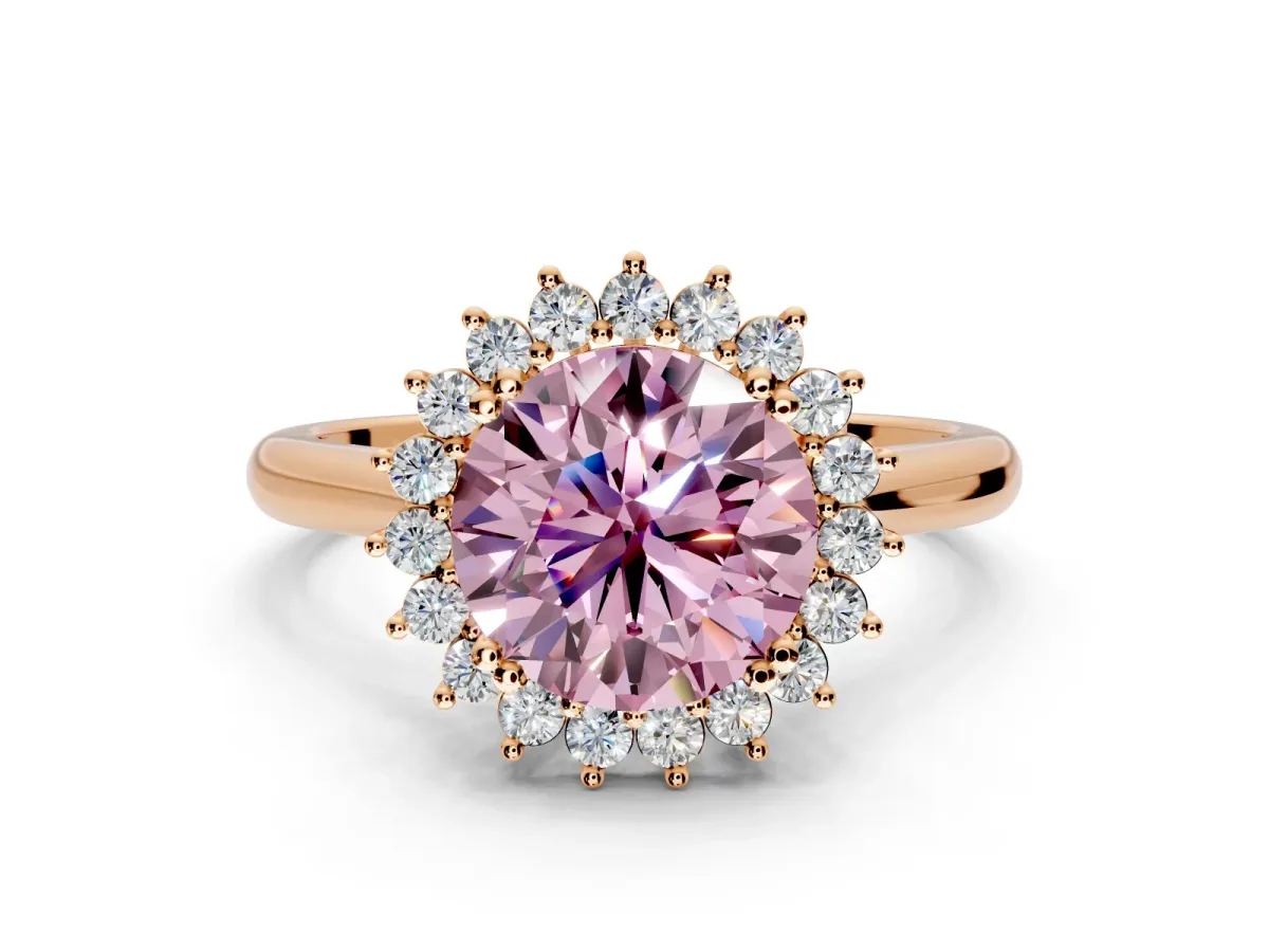 Starburst Halo Engagement Ring Setting for Fancy Pink Round Cut Center with Thin Round-Wire Band and Prong Head in Rose Gold