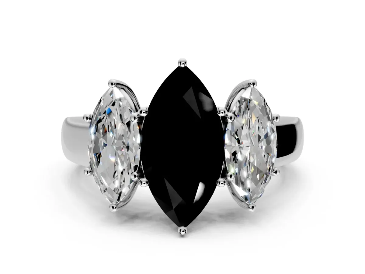 3 Stone Engagement Ring Setting for Fancy Black Marquise Center with Raised Basket Heads and Prong Head in Sterling Silver
