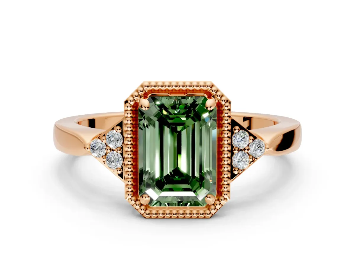 Cluster Engagement Ring Setting for Fancy Green Emerald Cut Center with Milgrain Shoulder Clusters and Prong Head in Rose Gold