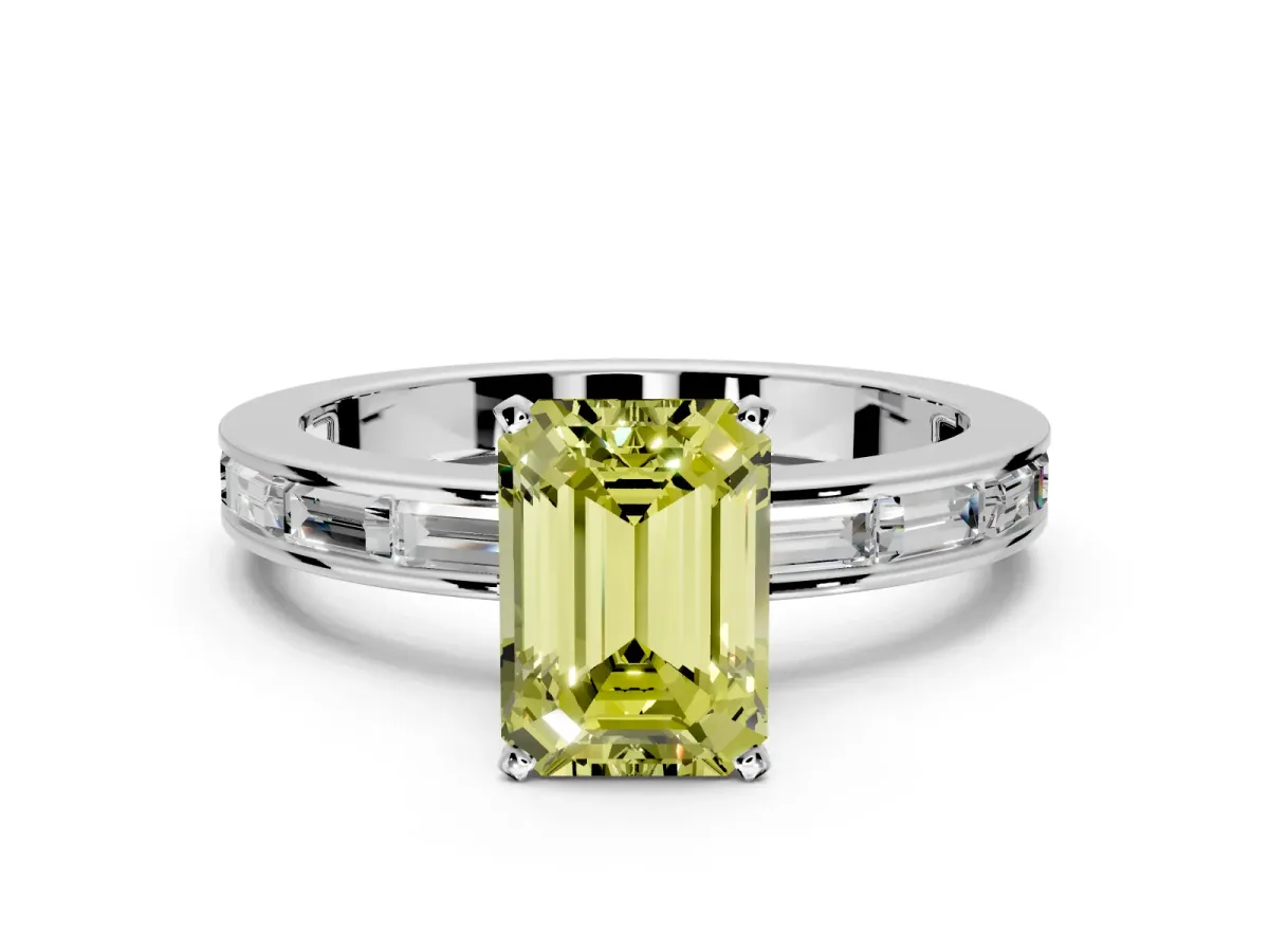 Solitaire Engagement Ring Setting for Fancy Yellow Emerald Cut Center with Channel Baguette Band and Prong Head in Platinum