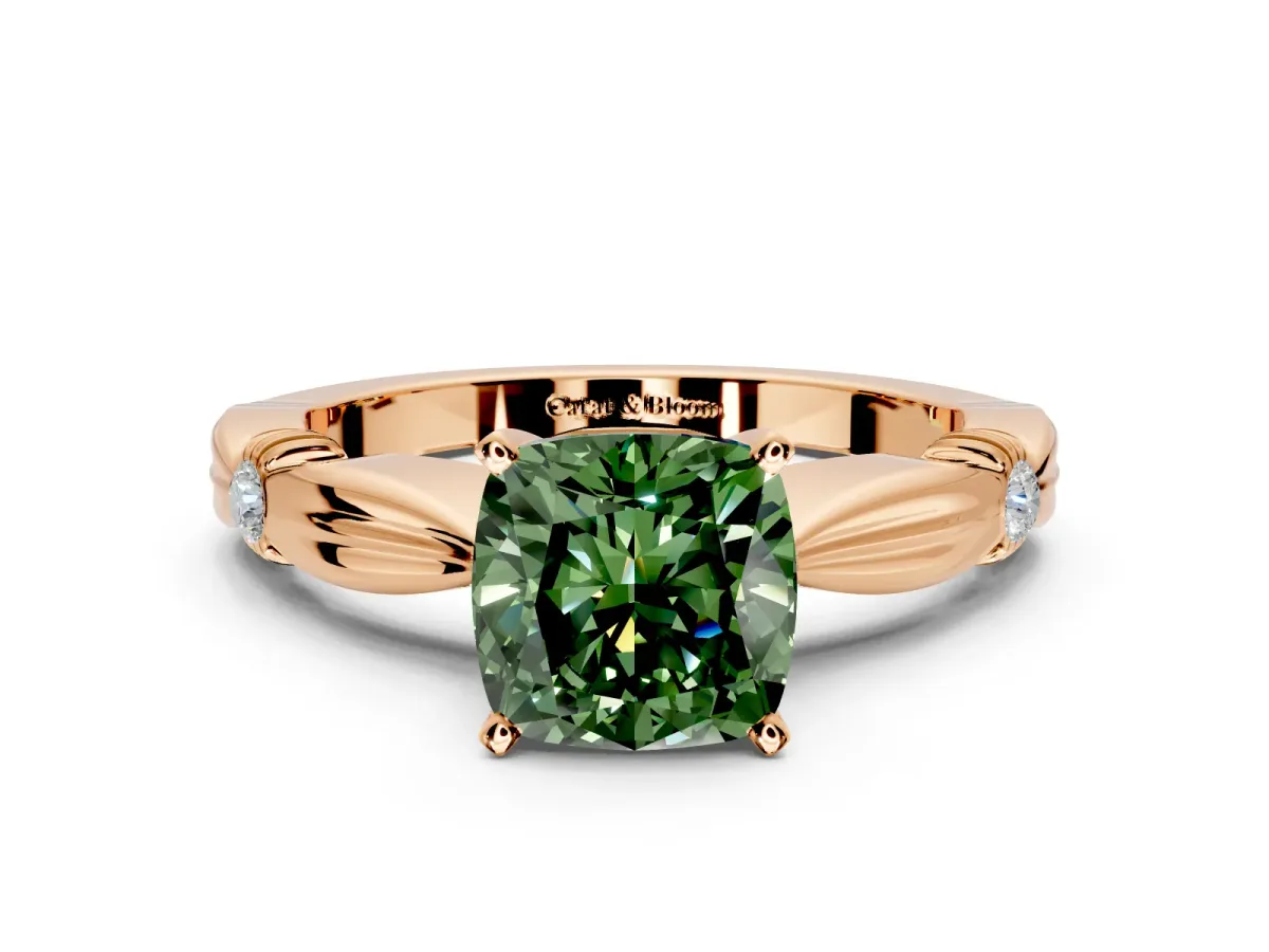 Solitaire Engagement Ring Setting for Fancy Green Cushion Cut Center with Carved Leaf Shoulders and Prong Head in Rose Gold