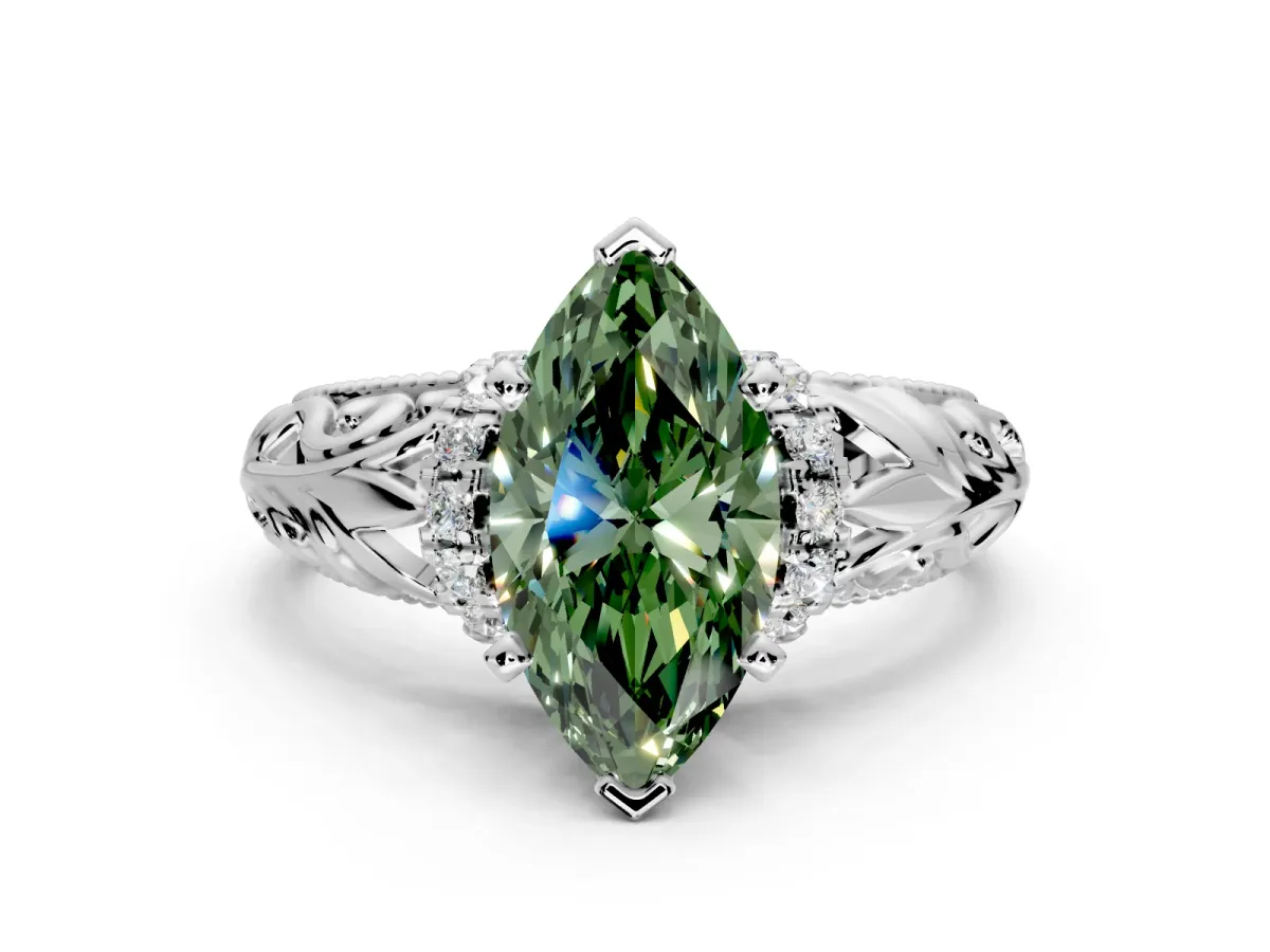 Solitaire Engagement Ring Setting for Fancy Green Marquise Center with Filigree Accent Basket and Prong Head in Platinum