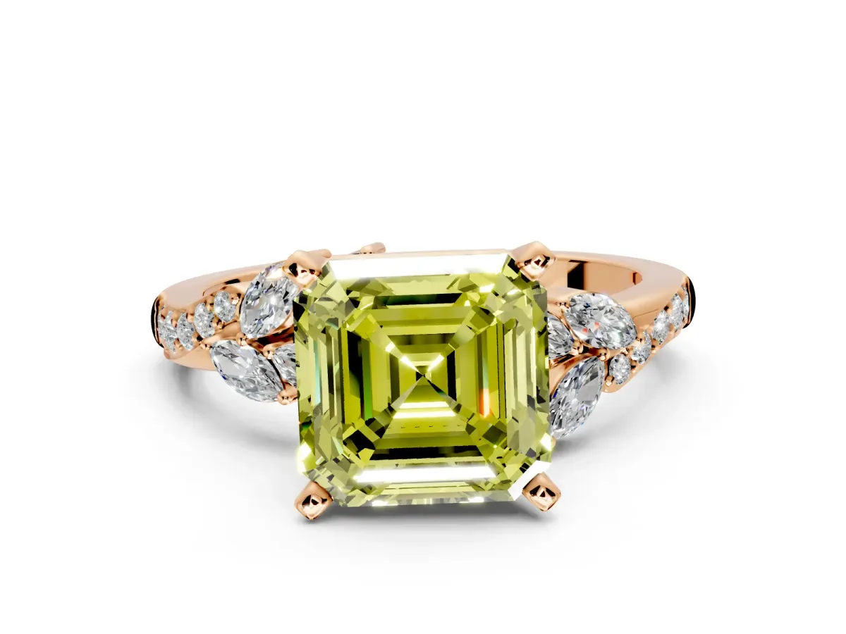 Solitaire Engagement Ring Setting for Fancy Yellow Asscher Cut Center with Marquise Accent Twist Band and Prong Head in Rose Gold