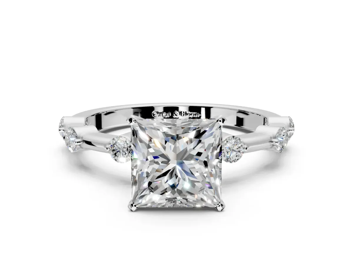 Solitaire Engagement Ring Setting for Princess Cut Center with Bezel Station Band and Prong Head in Platinum