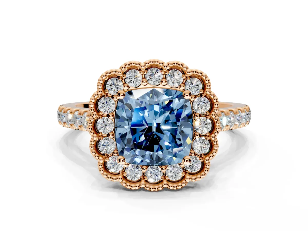 Milgrain Floral Halo Engagement Ring Setting for Fancy Blue Cushion Cut Center with Pave Band and Prong Head in Rose Gold