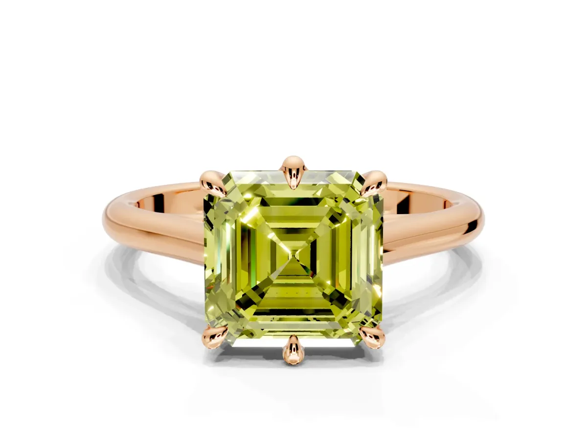 Solitaire Engagement Ring Setting for Fancy Yellow Asscher Cut Center with Cathedral Band and Prong Head in Rose Gold