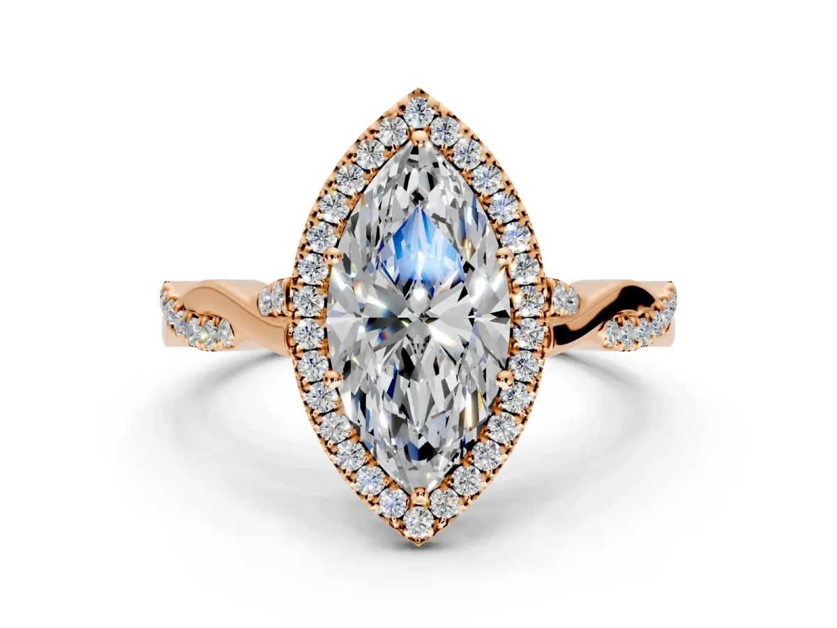 Halo Engagement Ring Setting for Marquise Center with Twist Band and Prong Head in Rose Gold