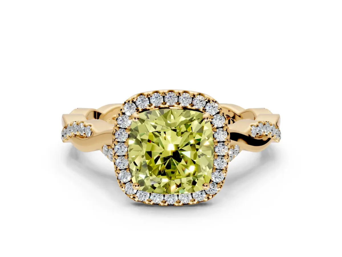 Halo Engagement Ring Setting for Fancy Yellow Cushion Cut Center with Twist Band and Prong Head in Yellow Gold