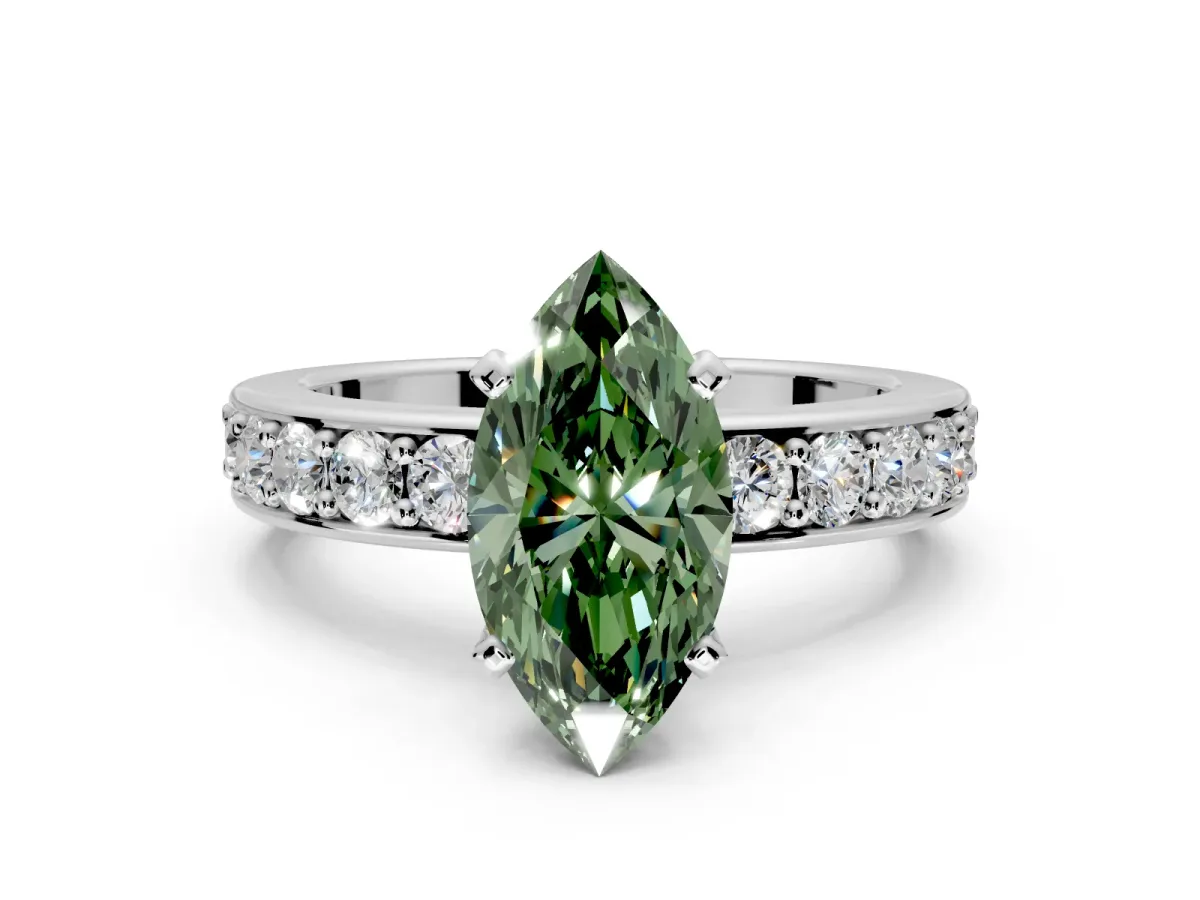 Solitaire Engagement Ring Setting for Fancy Green Marquise Center with Channel-Set Accents and Prong Head in Platinum