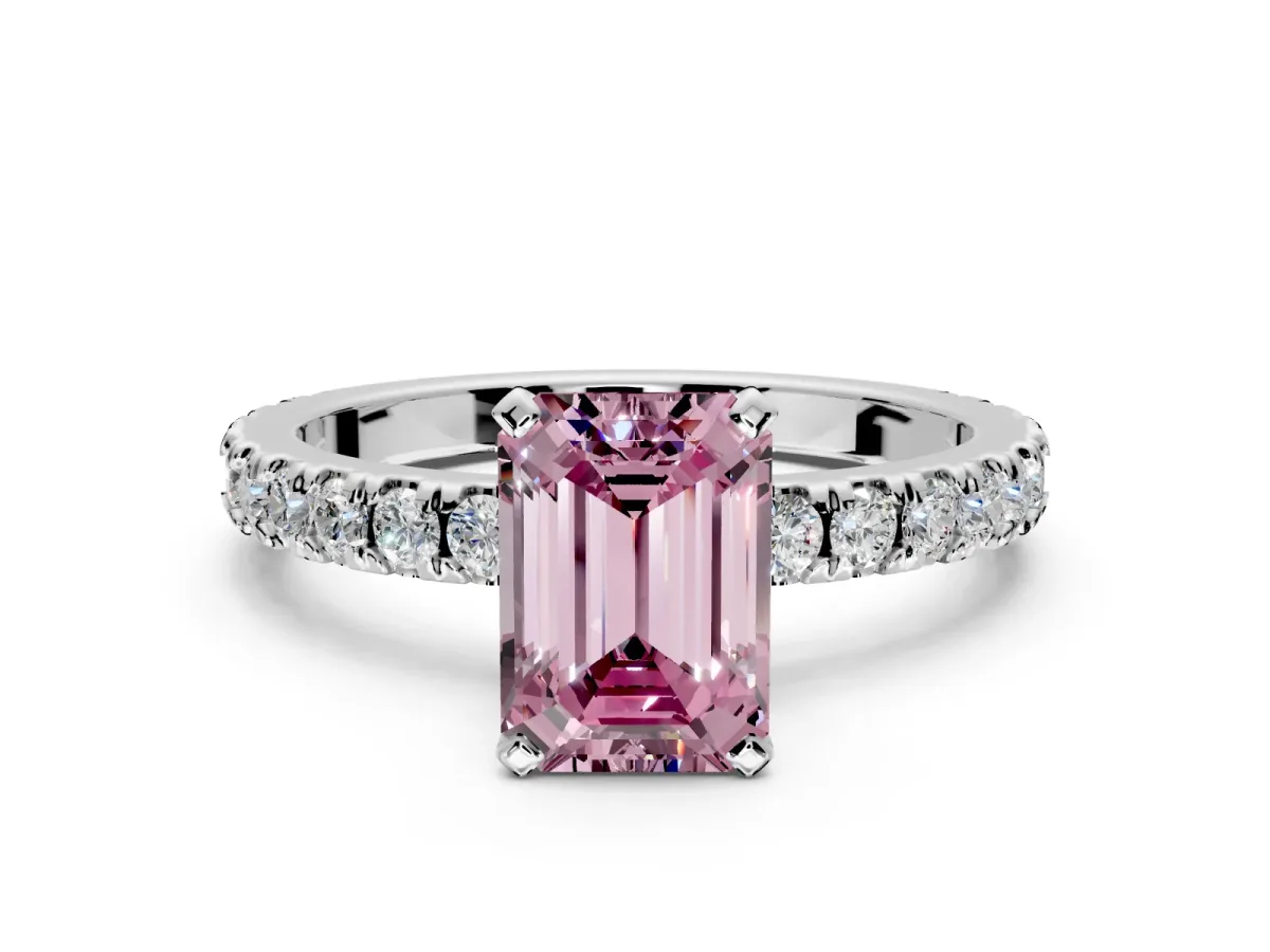 Solitaire Engagement Ring Setting for Fancy Pink Emerald Cut Center with Fine Pave Band and Claw Prong Head in Sterling Silver