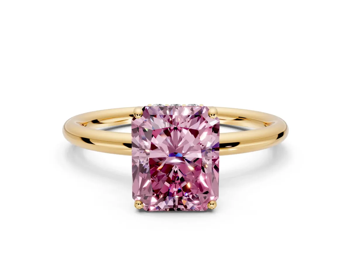 Solitaire Engagement Ring Setting for Fancy Pink Radiant Cut Center with Plain Band, Open Basket and Prong Head in Yellow Gold