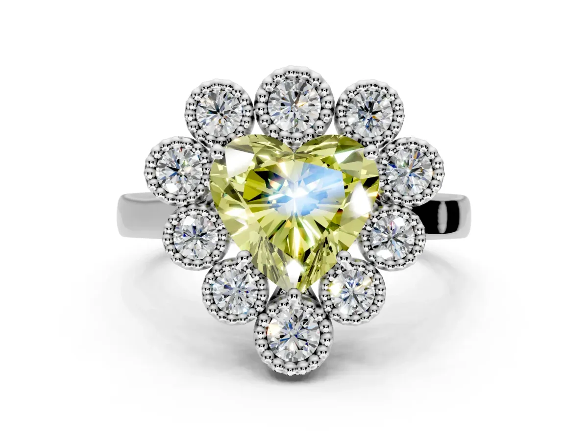 Cluster Halo Engagement Ring Setting for Fancy Yellow Heart-Shaped Center with Milgrain Bezel Accents and Prong Head in Sterling Silver