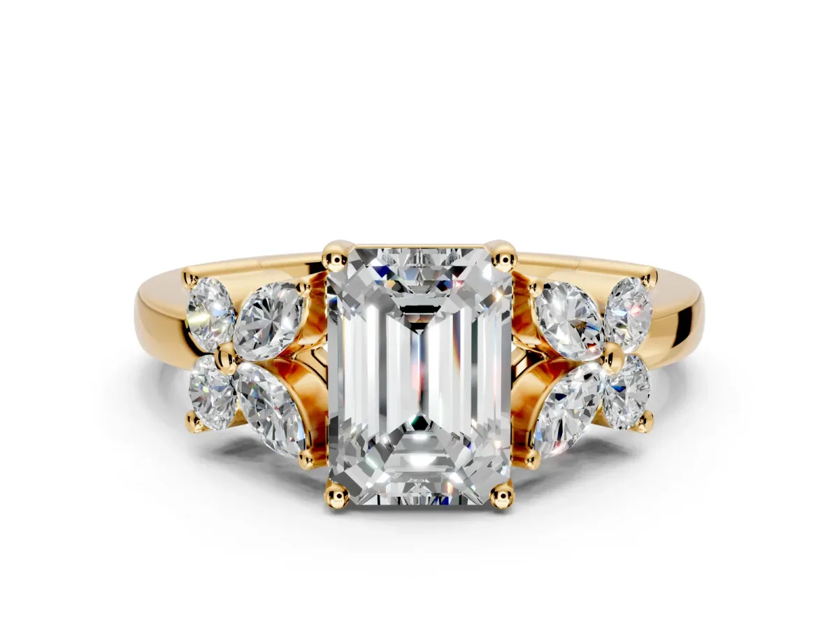 Floral Engagement Ring Setting for Emerald Cut Center with Marquise Cluster Shoulders and Prong Head in Yellow Gold
