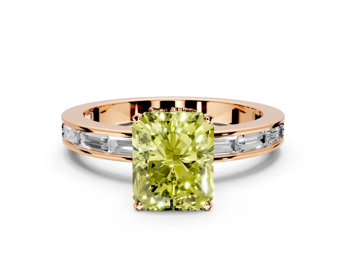 Solitaire Engagement Ring Setting for Fancy Yellow Radiant Cut Center with Channel Baguette Band and Prong Head in Rose Gold