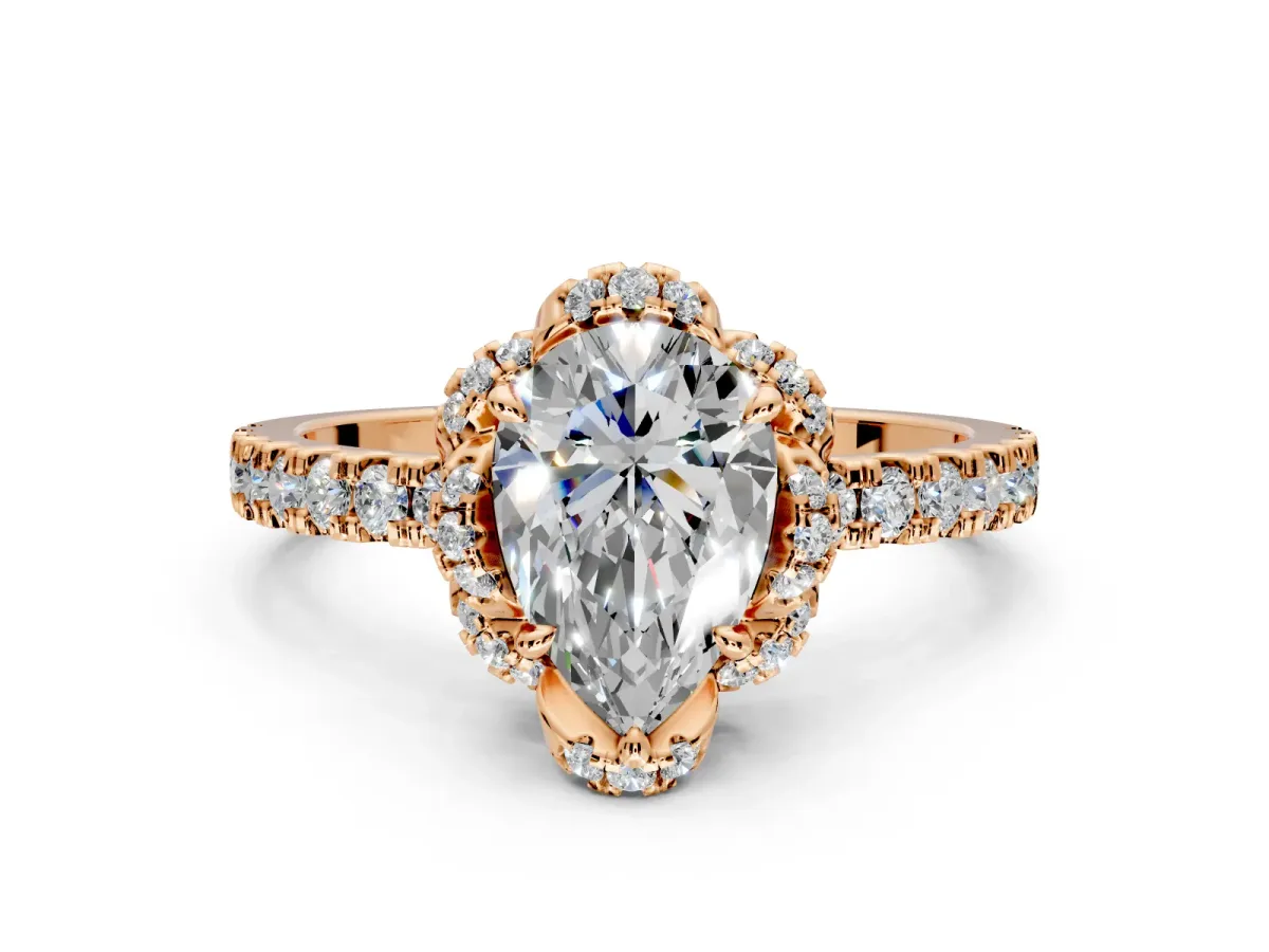 Halo Engagement Ring Setting for Pear-Shaped Center with Openwork Halo, Pave Band and Prong Head in Rose Gold