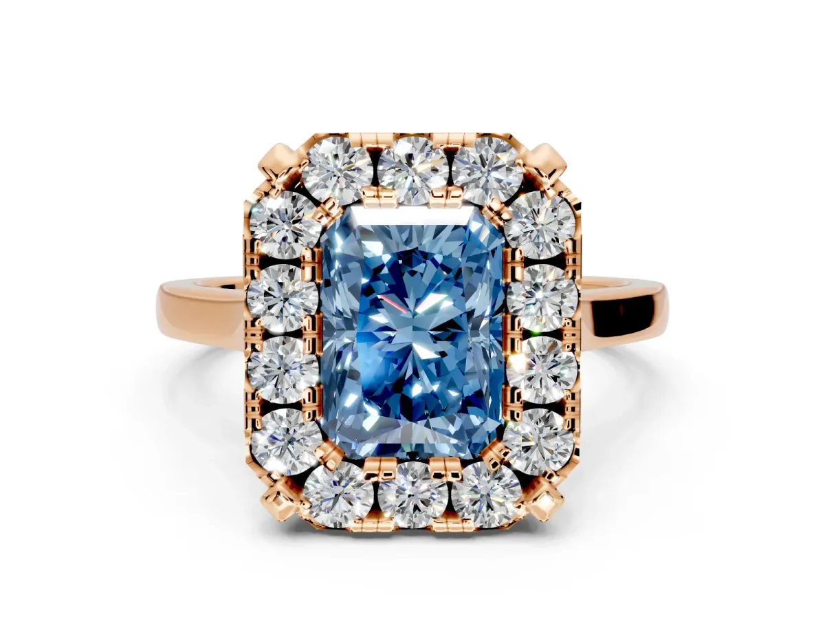 Single Halo Engagement Ring Setting for Fancy Blue Radiant Cut Center with Corner Claws, Plain Band and Prong Head in Rose Gold