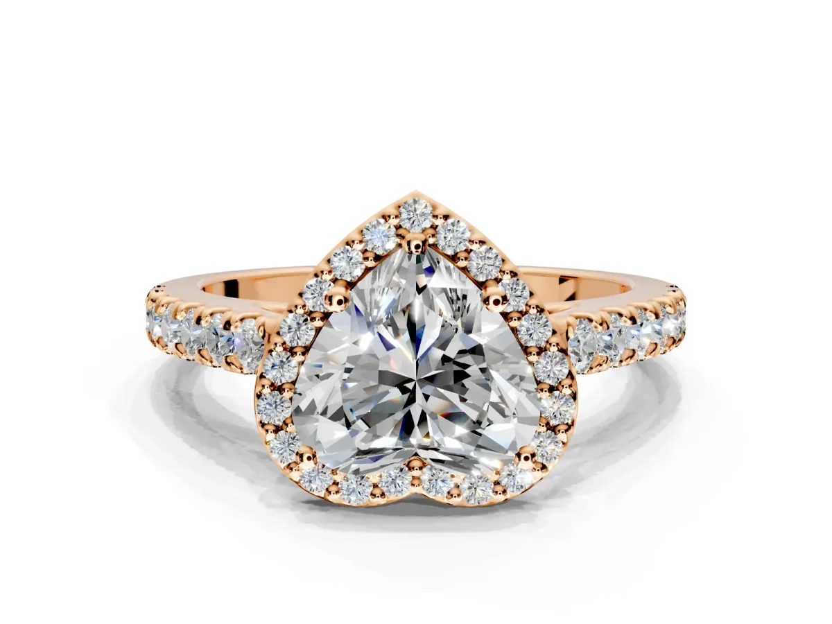 Halo Engagement Ring Setting for Heart-Shaped Center with Full Pave Band and Prong Head in Rose Gold