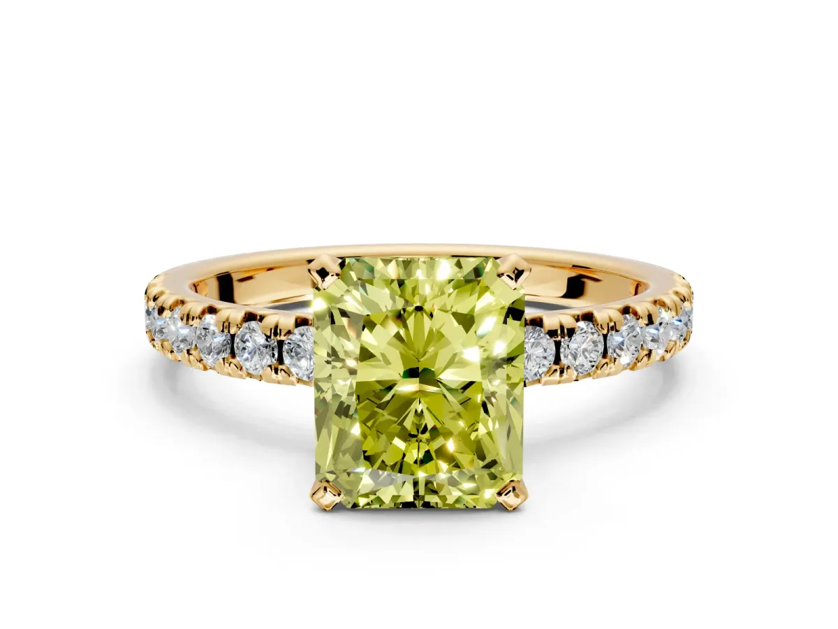 Solitaire Engagement Ring Setting for Fancy Yellow Radiant Cut Center with Large Accents and Prong Head in Yellow Gold