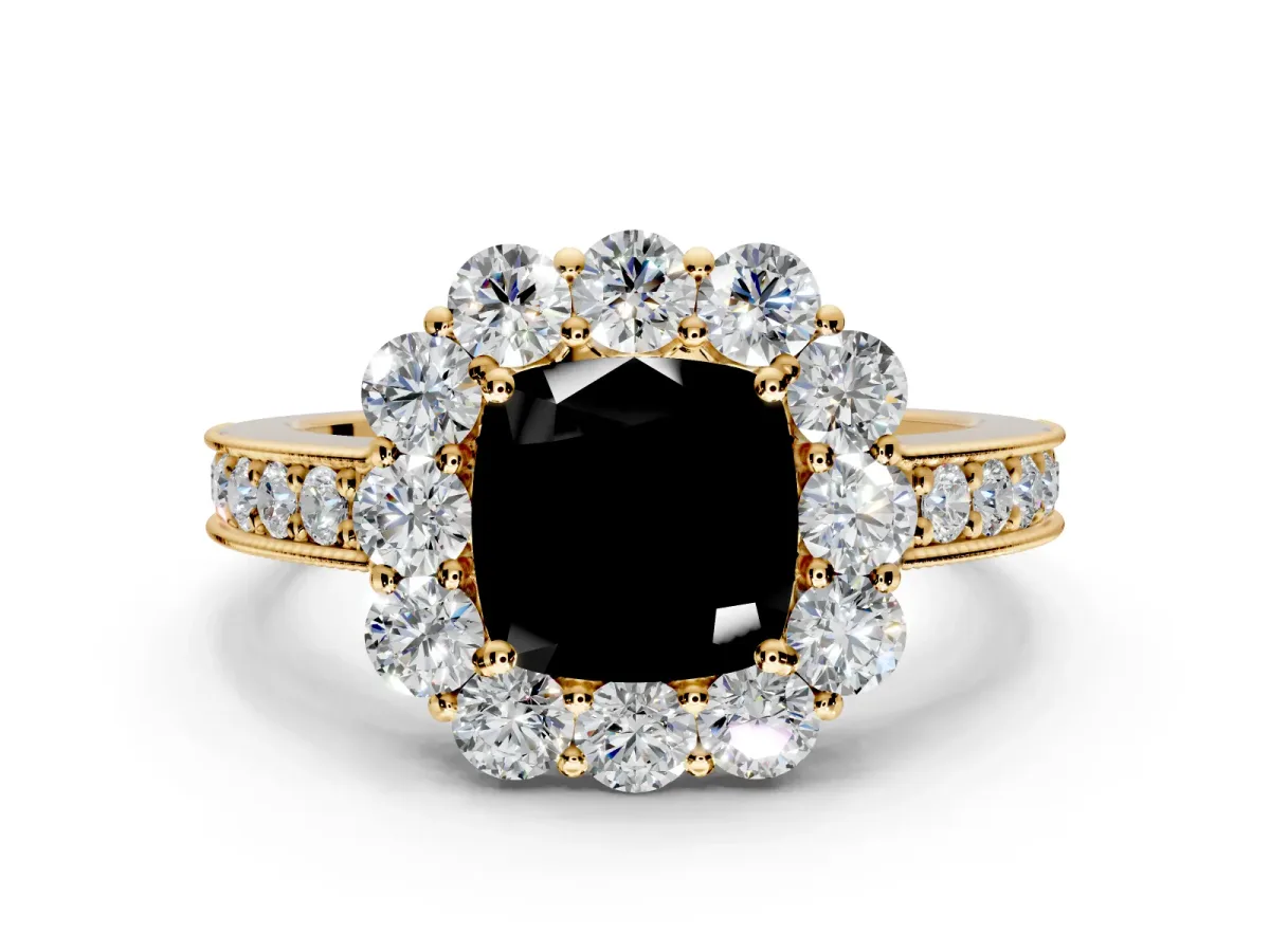 Halo Engagement Ring Setting for Fancy Black Cushion Cut Center with Milgrain Channel Band and Prong Head in Yellow Gold
