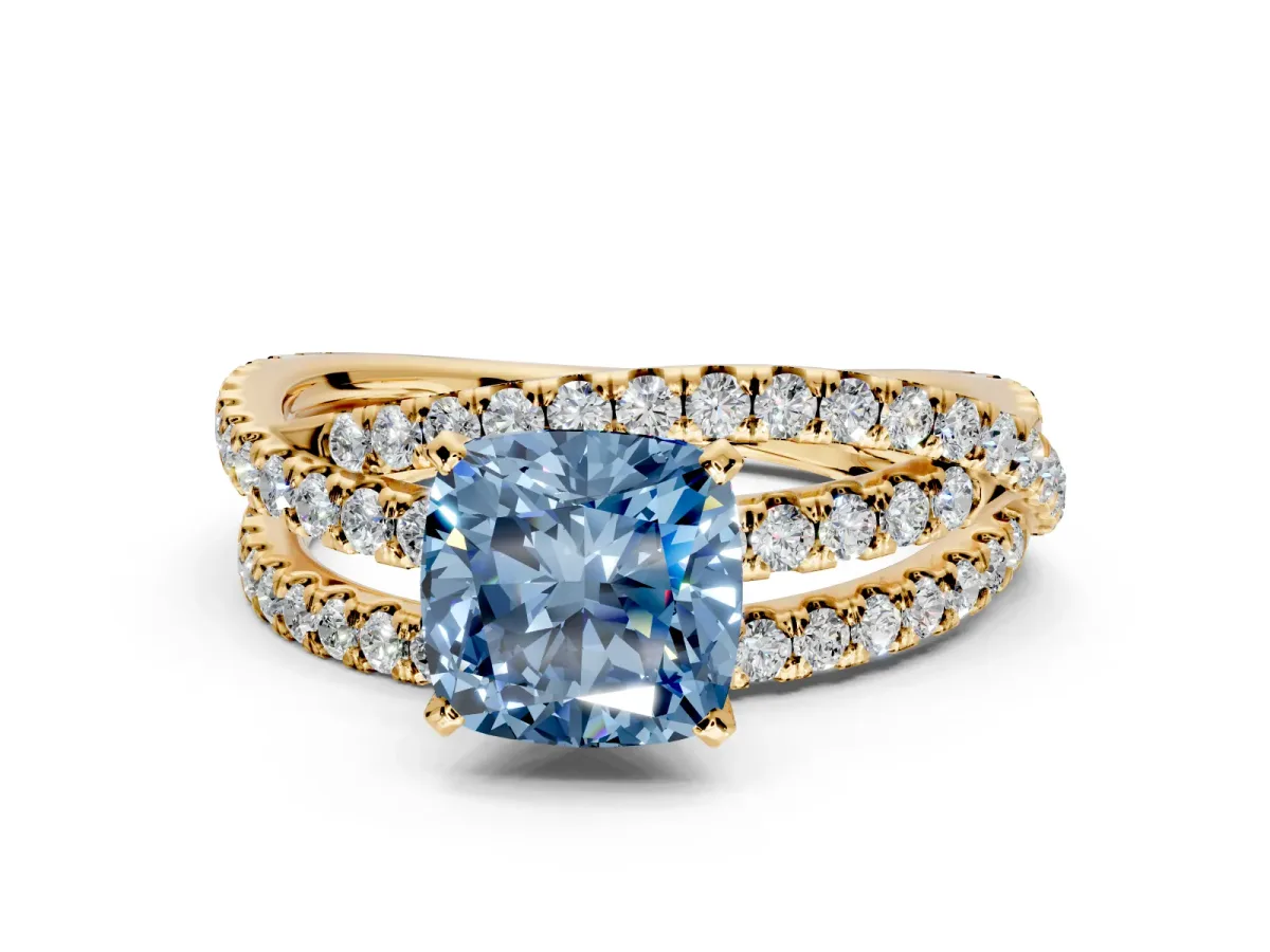 Solitaire Engagement Ring Setting for Fancy Blue Cushion Cut Center with Woven 3-Strand Pave Band and Prong Head in Yellow Gold