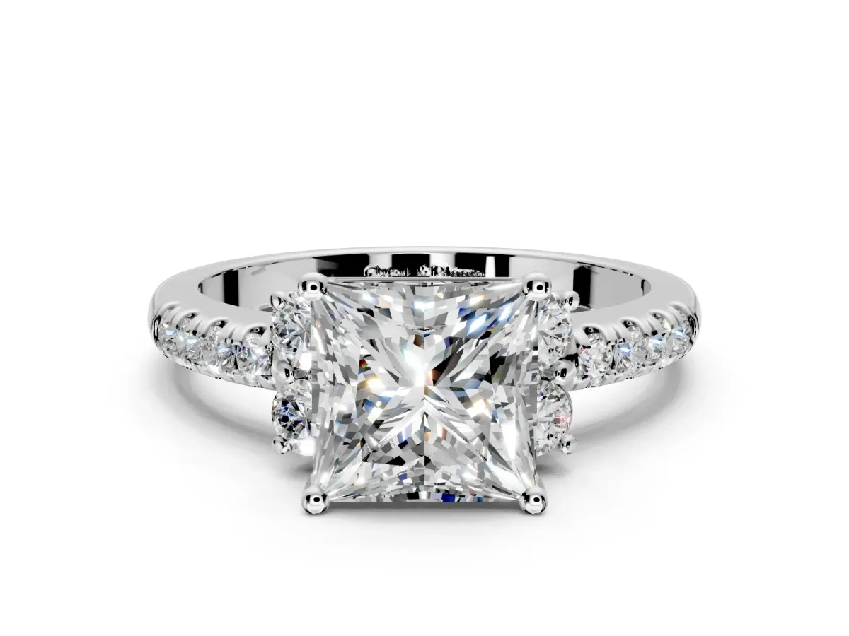 Paired Accent Engagement Ring Setting for Princess Cut Center with Pave Band and Prong Head in Platinum