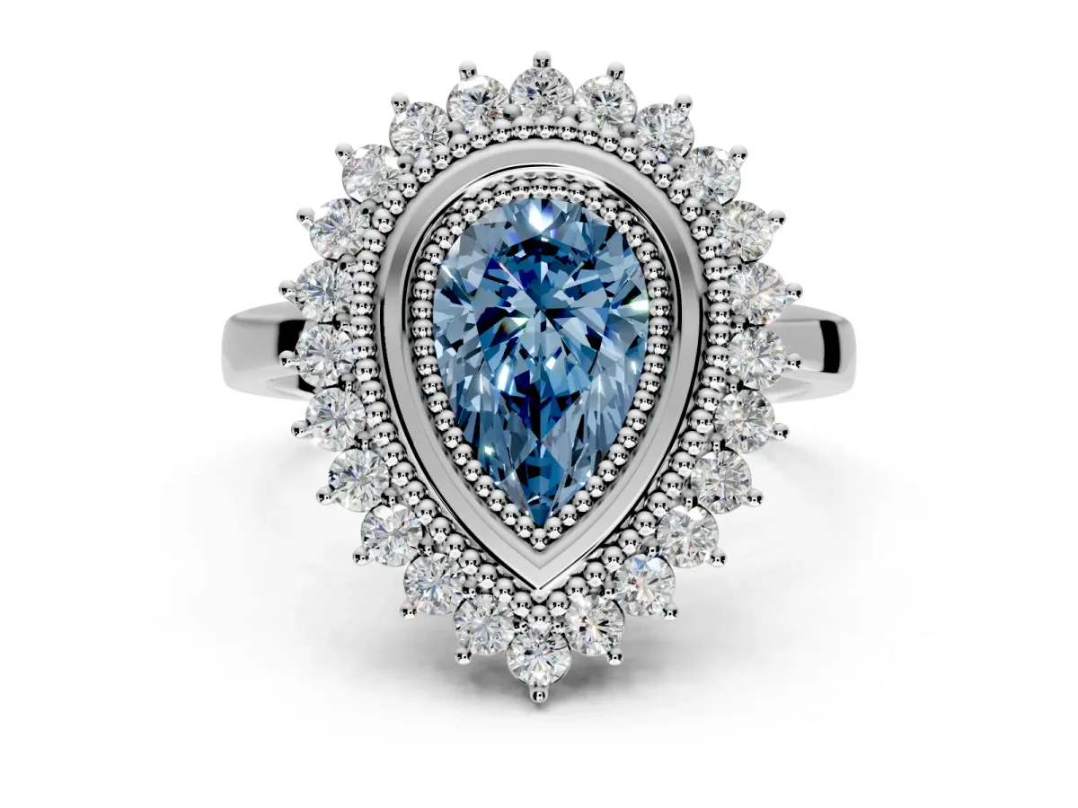 Halo Engagement Ring Setting for Fancy Blue Pear-Shaped Center with Milgrain Bezel Rim, Plain Band and Prong Head in Platinum