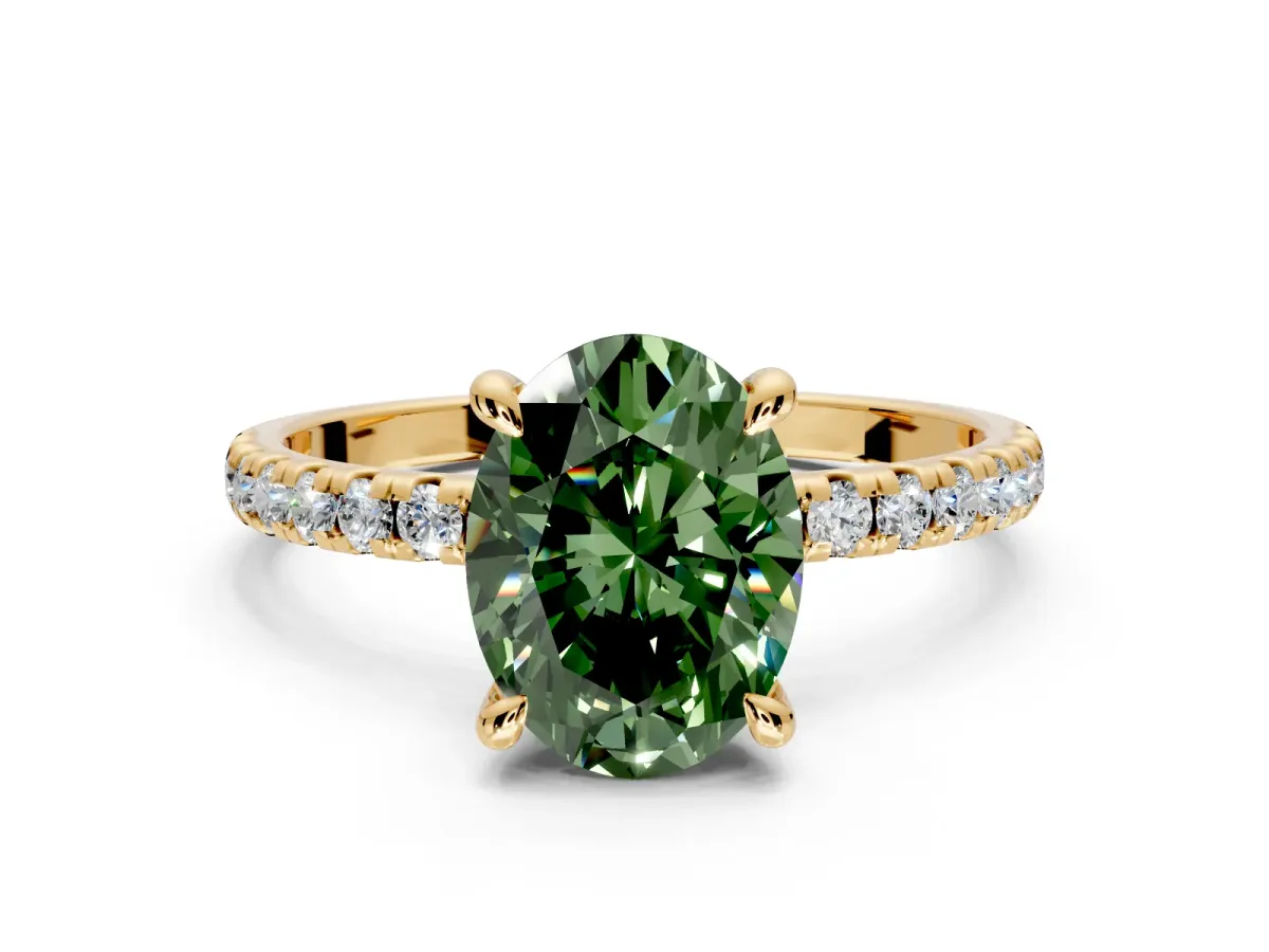 Solitaire Engagement Ring Setting for Fancy Green Oval Center with Fine Pave Narrow Band and Prong Head in Yellow Gold