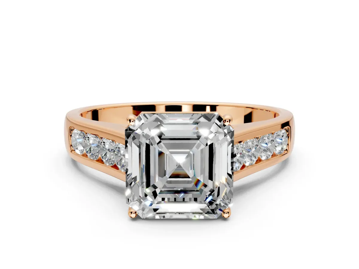 Solitaire Engagement Ring Setting for Asscher Cut Center with Round Cut Channel Band and Prong Head in Rose Gold