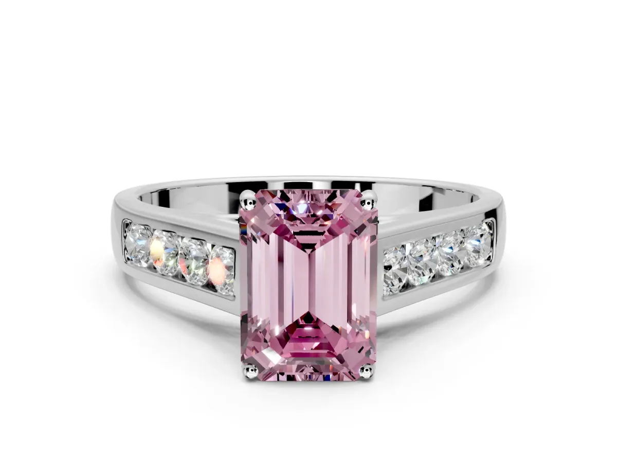 Solitaire Engagement Ring Setting for Fancy Pink Emerald Cut Center with Round Cut Channel Band and Prong Head in White Gold
